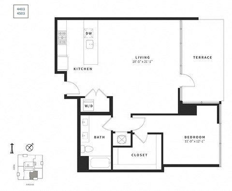 Floor plan for 1 bed, 1 bath, 1009 sqft